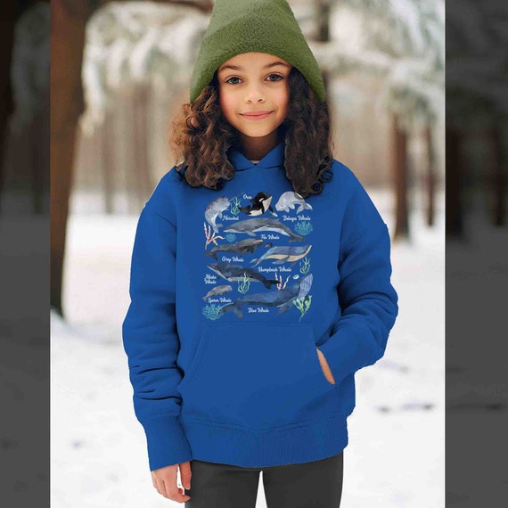 Kids Whale Hoodie Watercolor Whale Hooded Pullover Types Of Whales Sweatshirt Illustrated Gildan Hoodie Whale Gift Idea