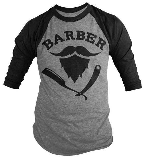 Barber Shirts 3/4 Sleeve Raglan Mustache Beard Razor Tee Barbers Hair Dresser Shirt