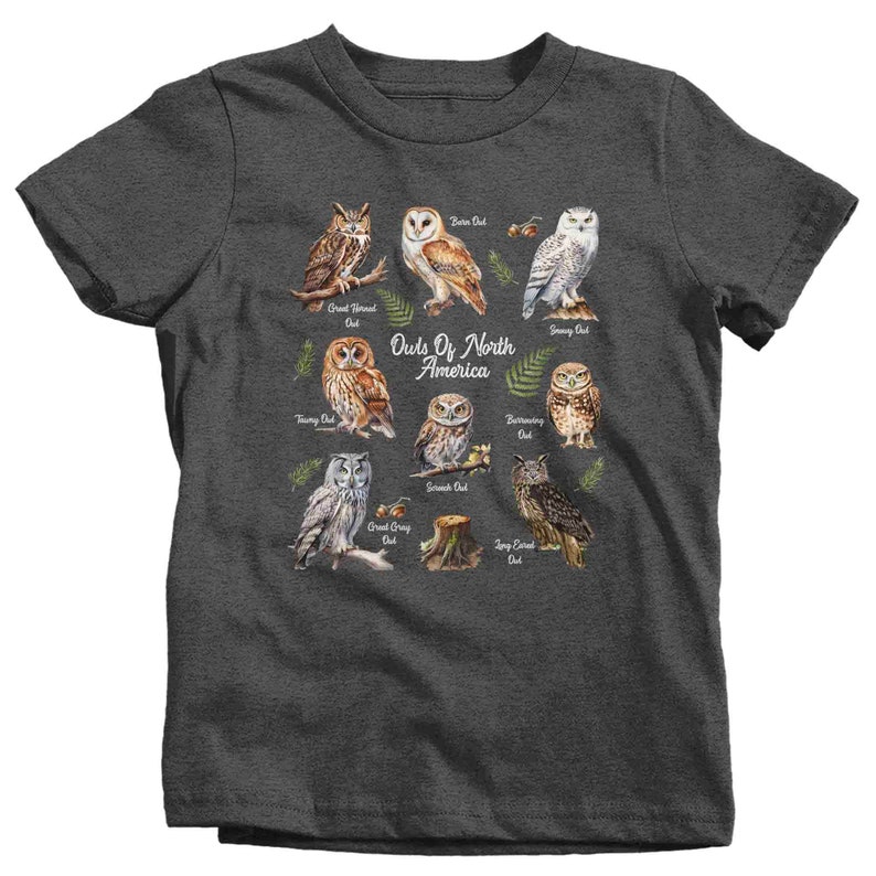 May include: A dark heather grey t-shirt with a graphic of different types of owls from North America. The owls are illustrated in a watercolor style and each owl has its name written below it. The text "Owls Of North America" is written in white lettering on the shirt.