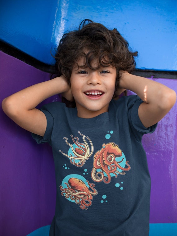 Kids Octopus Shirt Illustration Swimming Red Octopus Drawing Graphic Tee Cephalopod Sea Ocean Life T Shirt Unisex Boys Girls