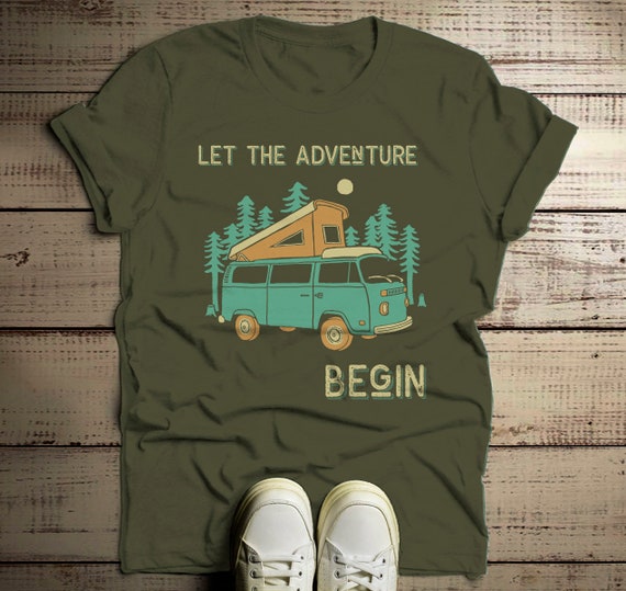 Men's Camping T Shirt Pop Up Van Retro Shirt Adventure Begin Tshirt Explore Nature Graphic Tee