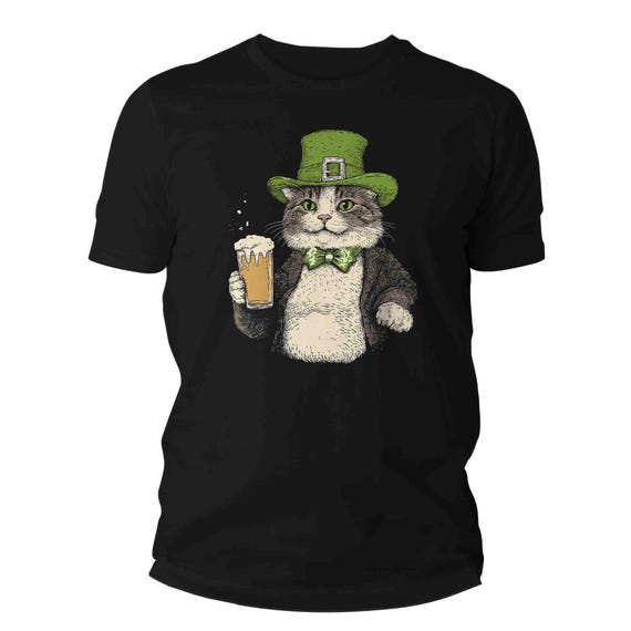 Men's Funny St. Patrick's Day Shirt Cat Beer Cottagecore Folklore Aesthetic TShirt Green St. Patty's T-Shirt Irish Kitty Vintage Unisex Gift
