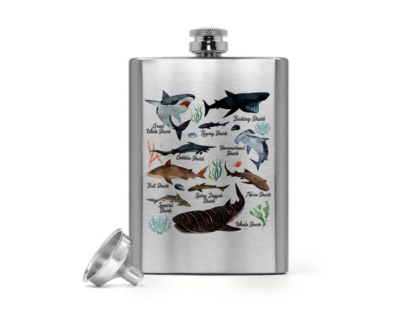 8 Oz. Shark Hip Flask Watercolor Shark Stainless Steel Types Of Sharks Silver Flask Illustrated Shark Gift Idea