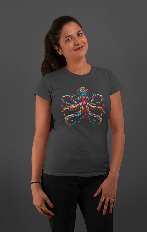 Women's Octopus Shirt Abstract Vintage Hipster Shirt Octopus Geometric Cool Graphic Tee Gift Idea Ocean Creature Abstract Digital Art Ladies