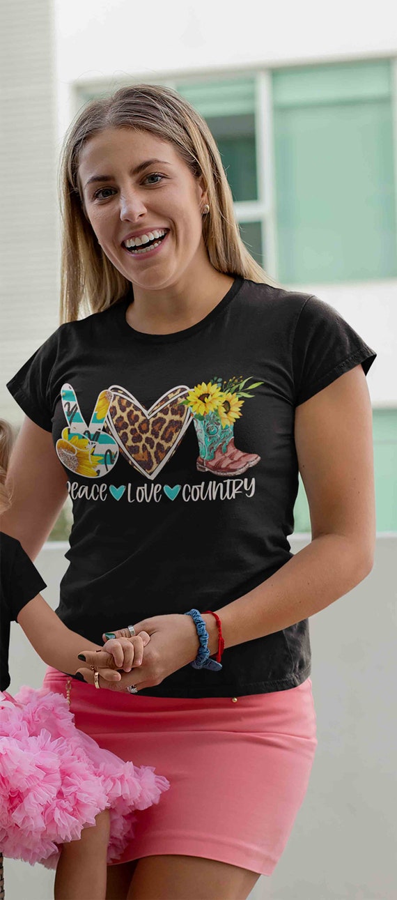 Women's Western T Shirt Southern Tee Peace Love Country Shirt Turquoise Cowboy Boots Cute Summer Shirts Sunflower Ladies V-Neck