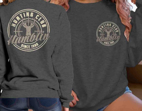 Men's Custom Hunting Sweatshirt Personalized Hunter Hunt Deer Club Crosshairs Logo Business Wilderness Pullover Crewneck Game Unisex Men