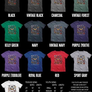 May include: A chart of butterflies printed on various colored t-shirts. The t-shirts are available in sizes for toddlers, youth, and adults. The colors include black, vintage black, charcoal, vintage forest, kelly green, navy, vintage navy, purple, royal blue, red, sport gray, and white.