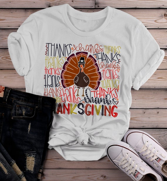 Women's Cute Thanksgiving T Shirt Typography Graphic Tee Happy Thanksgiving Thanks Thankful Shirts