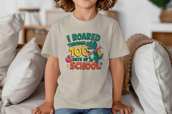 Kids Cute 100 Days Of School Shirt Dinosaur Roaring T Shirt Gift Idea TShirt For Boy's 100 Days Gift Youth Children Unisex For Boys Tee