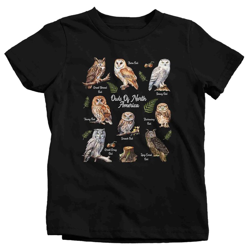 May include: Black t-shirt with a graphic of different types of owls from North America. The owls are illustrated in a watercolor style with their names listed below each one. The text "Owls of North America" is printed in the center of the shirt.