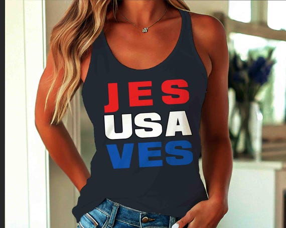 Women's USA Tank Top Patriotic Jesus Saves U.S.A. Racer Back American Pride Christian 4th July Free Independence Day Racerback Ladies Tee