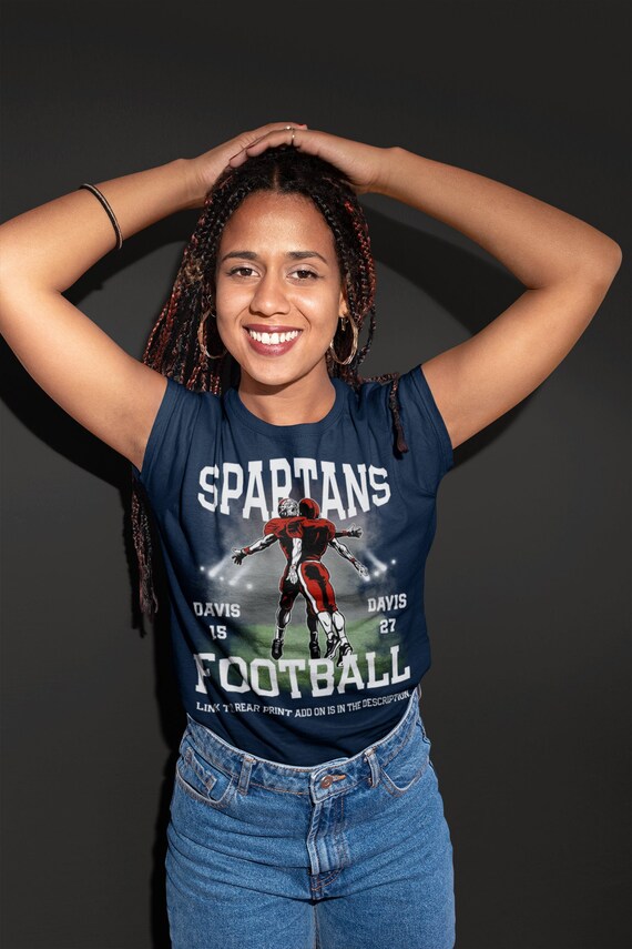 Women's Personalized Football T Shirt Custom Football 2 Players Two Chest Bump Team Stadium Lights Senior T Shirt Personalized Mascot Shirts