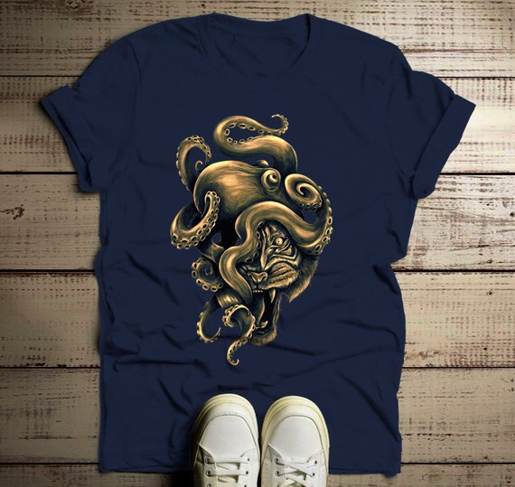 Men's Octopus T Shirt Hand Drawn Hipster Shirts Octotiger Tiger Graphic Tee Cool Drawing