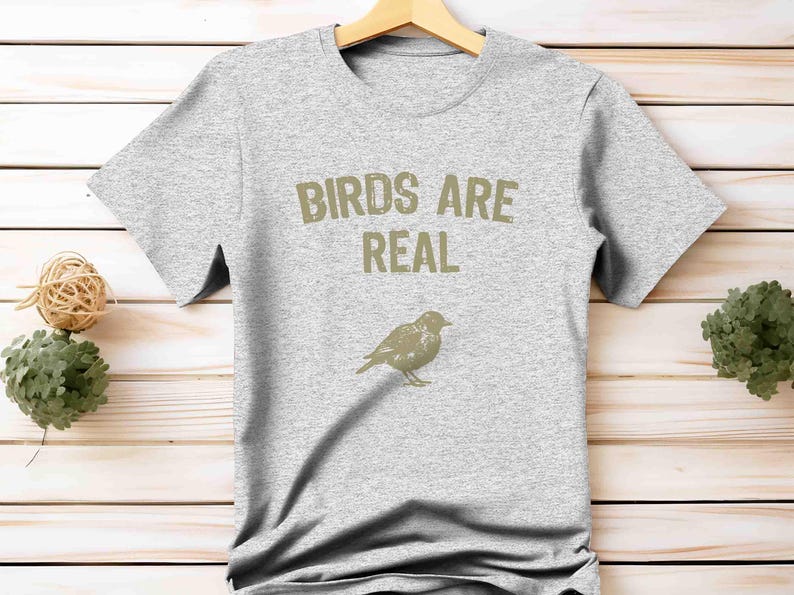 K&ouml;nnte beinhalten: Hellgraues T-Shirt mit dem Text "BIRDS ARE REAL" in hellbrauner Farbe und einer Vogelillustration. Das T-Shirt h&auml;ngt an einem Holzb&uuml;gel vor einem hellen Holz Hintergrund.