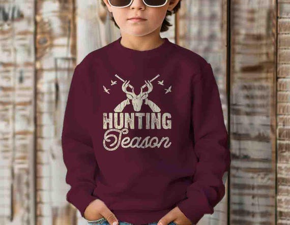 Kids Hunting Sweatshirt Hunting Season Gun Rifle Antlers Crewneck Gift Idea Boys Girls Hunter Hunts Deer Funny For Him Youth Duck Grunge