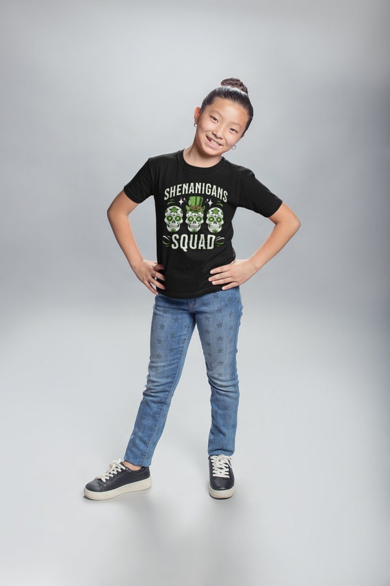 Kids Funny Shenanigans Squad Shirt St. Patrick's Day T Shirt Sugar Skull Grunge Tshirt Graphic Tee Streetwear Youth Boy's Girl's