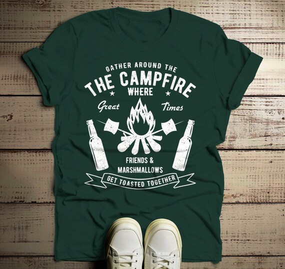 Men's Funny Campfire T Shirt Gather Around Graphic Tee Marshmallows Friends Get Toasted Beer Shirts