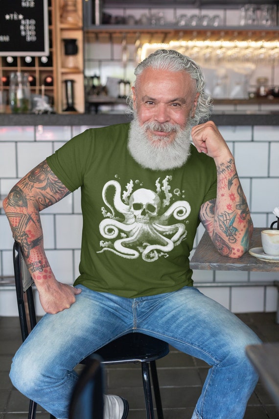 Men's Skull Octopus Shirt Illustration Grunge Streetwear Octopus Drawing Graphic Tee Nautical Sea Ocean Life T Shirt Goth Unisex Man