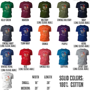 Peut inclure: Un tableau pr&eacute;sentant diff&eacute;rentes options de couleurs pour un t-shirt illustrant un coq avec le texte "Rooster for Grain" et "Super Star Journey" dans un style vintage. Le tableau comprend &eacute;galement les mesures de taille et de largeur en pouces.