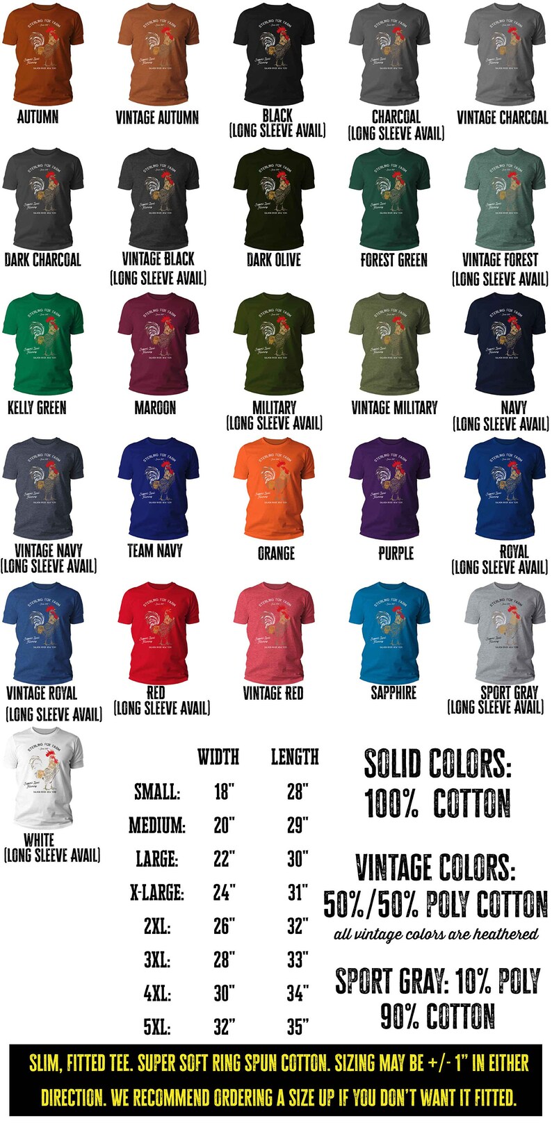 Peut inclure: Un tableau pr&eacute;sentant diff&eacute;rentes options de couleurs pour un t-shirt illustrant un coq avec le texte "Rooster for Grain" et "Super Star Journey" dans un style vintage. Le tableau comprend &eacute;galement les mesures de taille et de largeur en pouces.