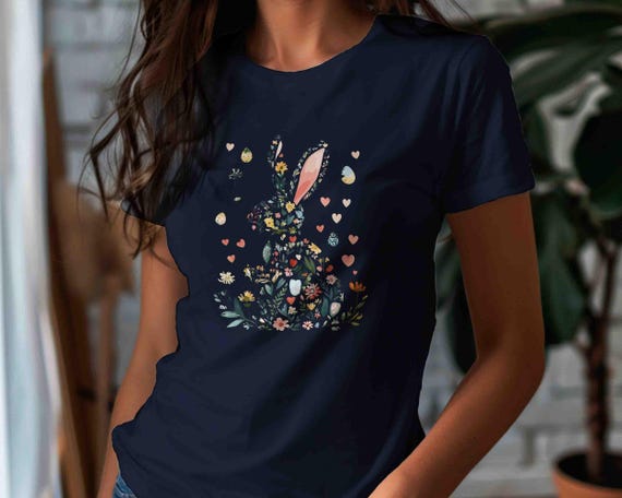 Women's Cute Easter TShirt Floral Flower Bunny Rabbit Silhouette Shirt Gift Unisex Tee Hearts Lush Greenery Teacher Hipster For Her Woman