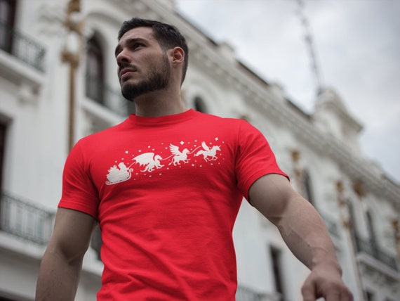 Men's Funny Christmas TShirt Dragon Shirts Unicorn T Shirt Mythical Holiday Tee Santa Sleigh Unisex Soft Graphic T-Shirt