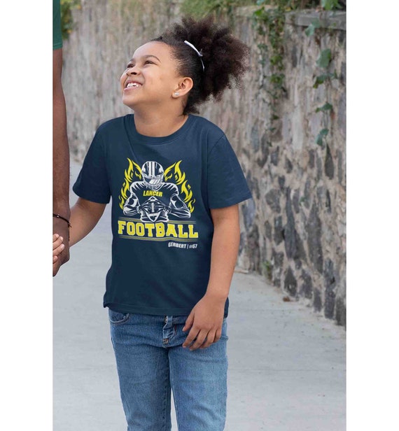 Kids Personalized Football T Shirt Custom Football Flames Player Frame Shirts Football PeeWee Football Flag T Shirt Unisex Youth Gift Idea