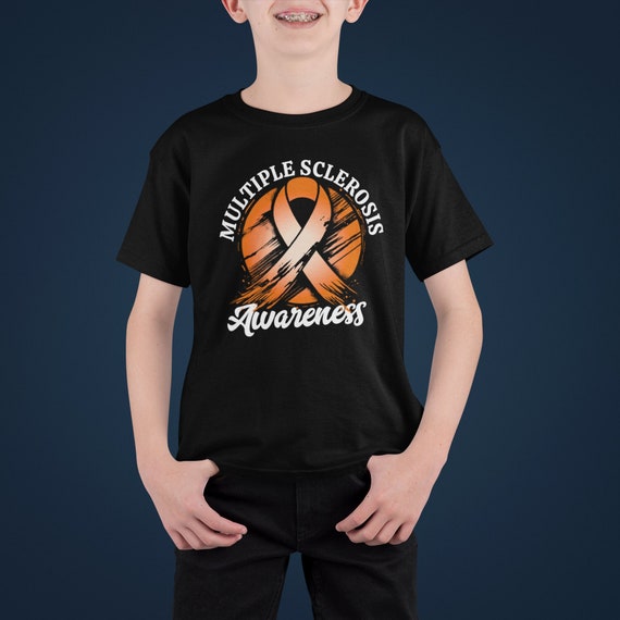 Kids Multiple Sclerosis T Shirt Grunge Awareness T-Shirt Orange MS Support Ribbon Tee Unisex Gift Idea Youth Boy's Girl's Soft Tshirt