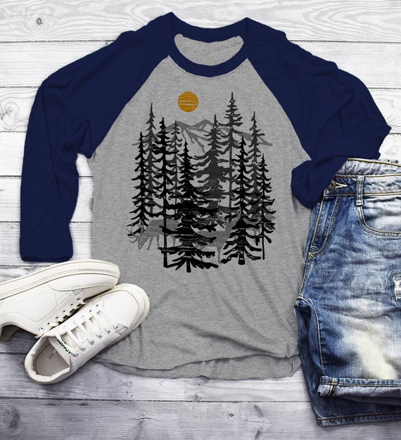 Men's Forest T Shirt Hand Drawn Shirts Deer Woods Hipster Camping Explore Graphic Tee 3/4 Sleeve Raglan