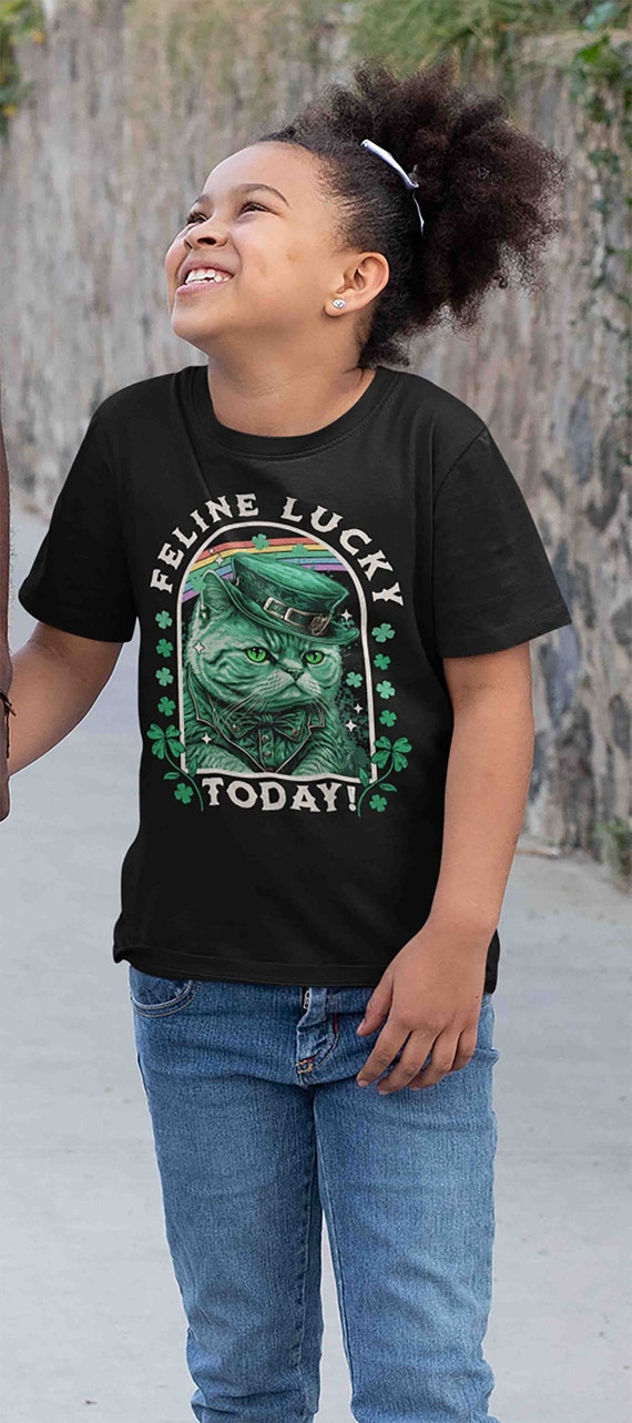 Kids St. Patrick's Day Shirt Cat T-Shirt Feline Lucky Funny Cat Kitty Leprechaun Gift Graphic Vintage Video T Shirt Youth Boys Girls