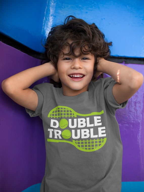 Kids Funny Tennis Shirt Double Trouble T Shirt Doubles Team Tennis Racket Fun Tennis Court Gift Shirt Boy's Girl's Youth TShirt