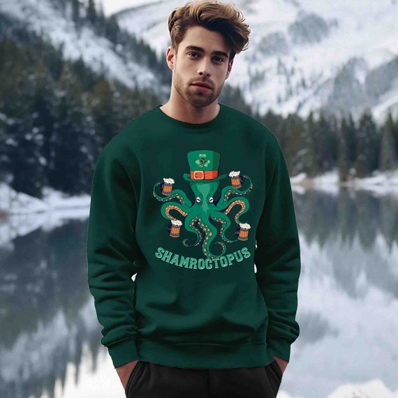 Men's Funny St. Patrick's Day Sweatshirt Octopus Funny St. Patrick's Day Crewneck Pullover Crew Neck Drinking Shirt Fleece Warm Cozy