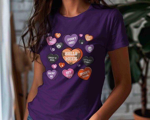 Unisex Halloween Shirt Halloween T Shirt Candy Hearts Teacher Costume Witches Riding Tshirt Cute Sayings Heart Tshirt Shirt Gift Woman