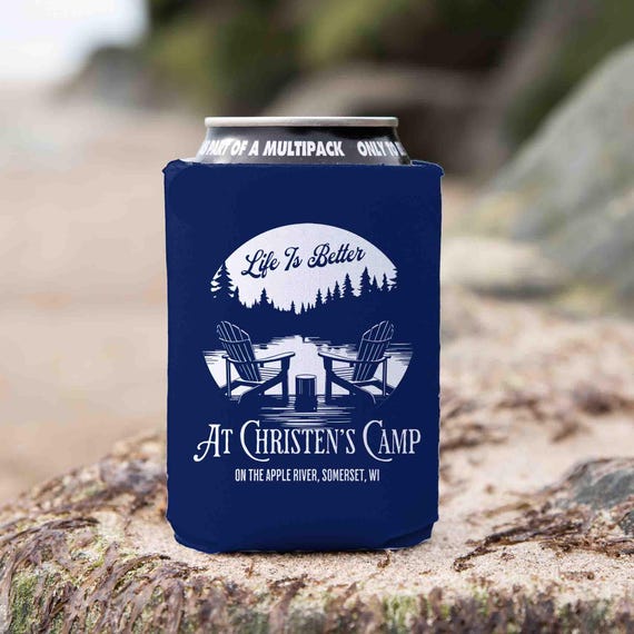 Personalized Camp Can Cozie Bottle Custom Camp Cooler 12 oz Regular Or Slim Cabin Gift Lake House Can Foam Can Cooler Collapsible Soda Beer