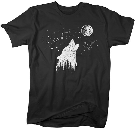 Men's Hipster Wolf T-Shirt Howling Stars Moon Tee Big Dipper Shirt