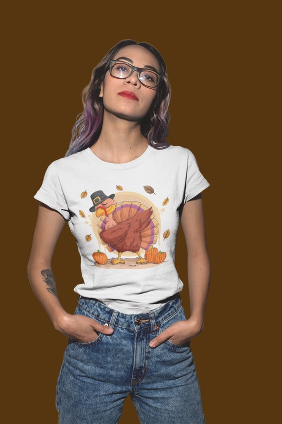 Women's Funny Thanksgiving Tee Turkey TShirt Pilgrim Hat Shirts Turkey Day Shirt Holiday Illustrated Ladies Soft Graphic Shirt