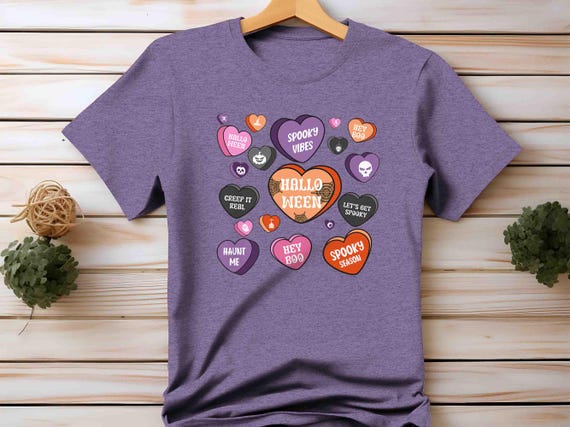 Unisex Halloween Shirt Halloween T Shirt Candy Hearts Teacher Costume Witches Riding Tshirt Cute Sayings Heart Tshirt Shirt Gift Woman