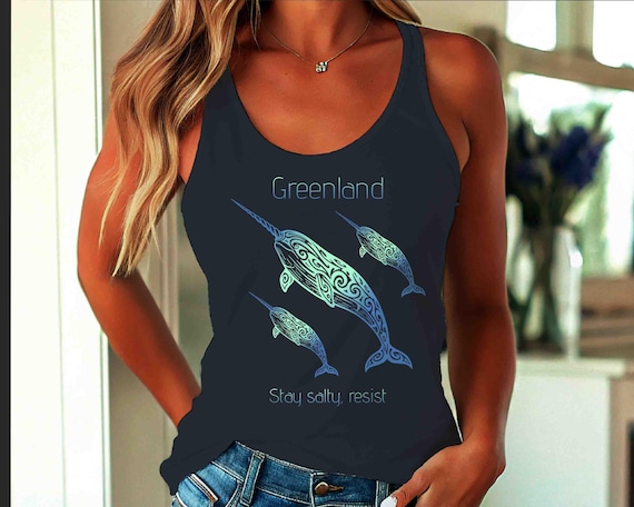 Women's Funny Greenland Tank Top Forever Racer Back Stay Salty Gift Idea Anti Maga Narwhal Whale Anti Trump Racerback Tank Sleeveless