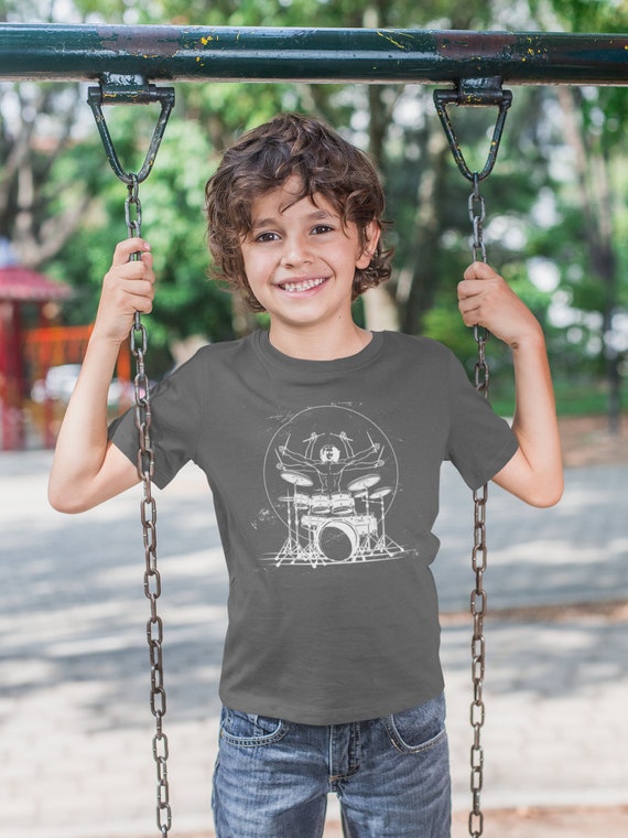 Kids Funny Drummer Shirt Drums Shirt DaVinci Vitruvian Style Music Tshirt Drummer Band Gift Idea Percussion Unisex Drum Tee