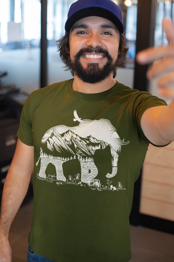 Men's Hipster T Shirt Elephant Shirts Camping TShirt Double Exposure Mountains Nature Shirts