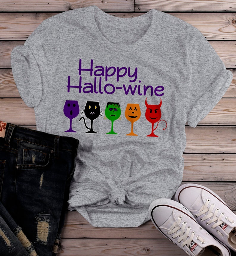 Women's Funny Halloween T Shirt Happy Hallowine Graphic Tee Hallo-wine TShirt Wine Shirts Bild 7