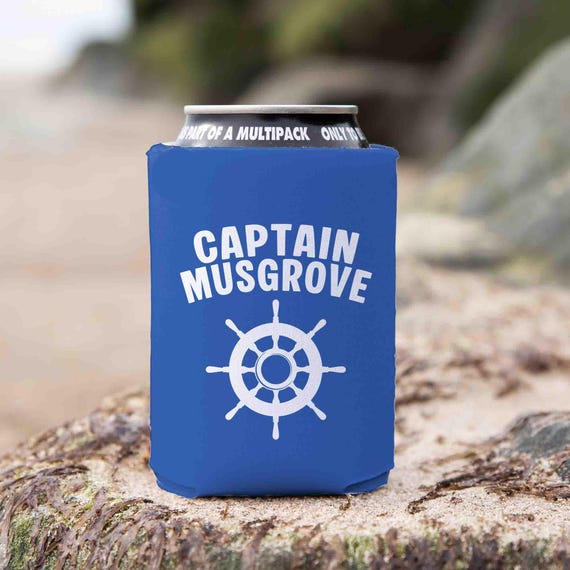 Personalized Captain Cozie Custom Boater Captain Gift Ship Wheel Logo Nautical Boating Gift Foam Can Cooler Boat Name Soda Beer Foam Vintage