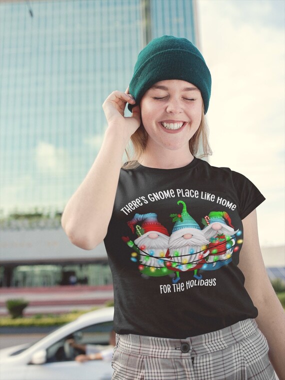 Women's Cute Christmas Shirt Gnome Place Like Home Xmas T Shirts Holiday T Shirts Lights Funny Gnome T-Shirt Soft Graphic Tee Ladies