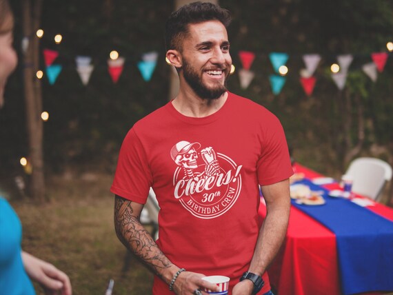Skeleton Birthday Crew TShirts Matching Group Shirts 30th Birthday Skull Badge Logo Cheers Beer 30 Years Graphic Pint Party Unisex Tee