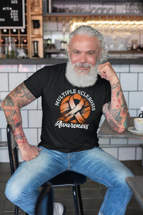 Men's Multiple Sclerosis T Shirt Grunge Awareness T-Shirt Orange MS Support Ribbon Tee Unisex Gift Idea Man Soft Neck Tshirt