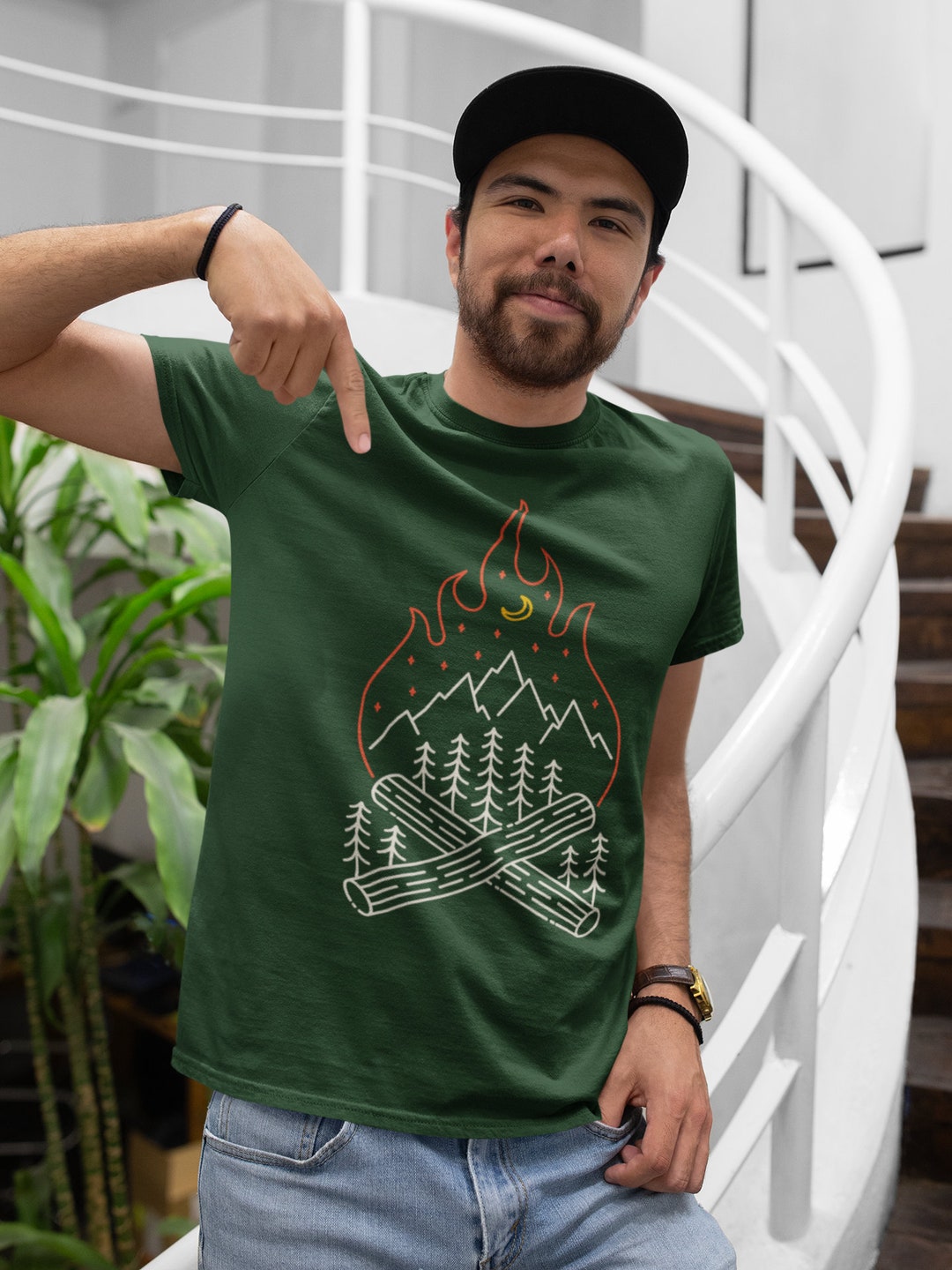 Men's Camping Shirt Campfire Line Art T Shirt Hipster - Etsy