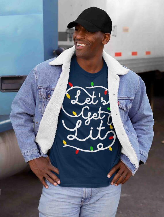 Men's Christmas Lights T Shirt Let's Get Lit Shirt Christmas Shirt Drinking Shirt Party Shirt Funny Christmas Shirt