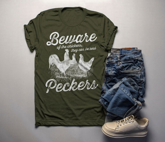 Men's Funny Vintage Chicken T-Shirt Beware Chickens Peckers Shirt Farming Tee