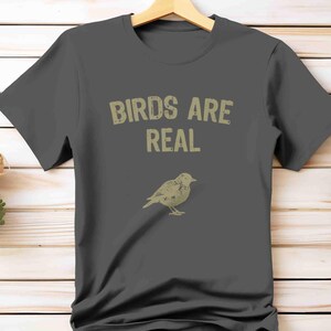 K&ouml;nnte beinhalten: Dunkelgraues T-Shirt mit dem Text "BIRDS ARE REAL" in verblichener Schrift, &uuml;ber einer detaillierten Vogelillustration. Das T-Shirt h&auml;ngt an einem Holzkleiderb&uuml;gel.