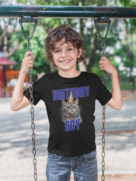 Boy's Funny Birthday Boy Shirt Cat In Party Hat Birthday TShirt Gift Idea Any Age Tee 7 9 10 11 12 13 Years  For Youth Unisex Tee